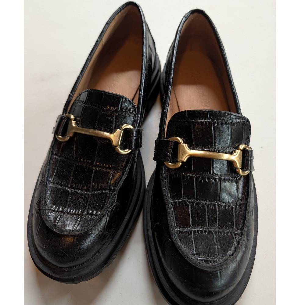 Womens Madewell Black Loafers 6 Excellent Croc Embossed Lug Sole Bit Detail